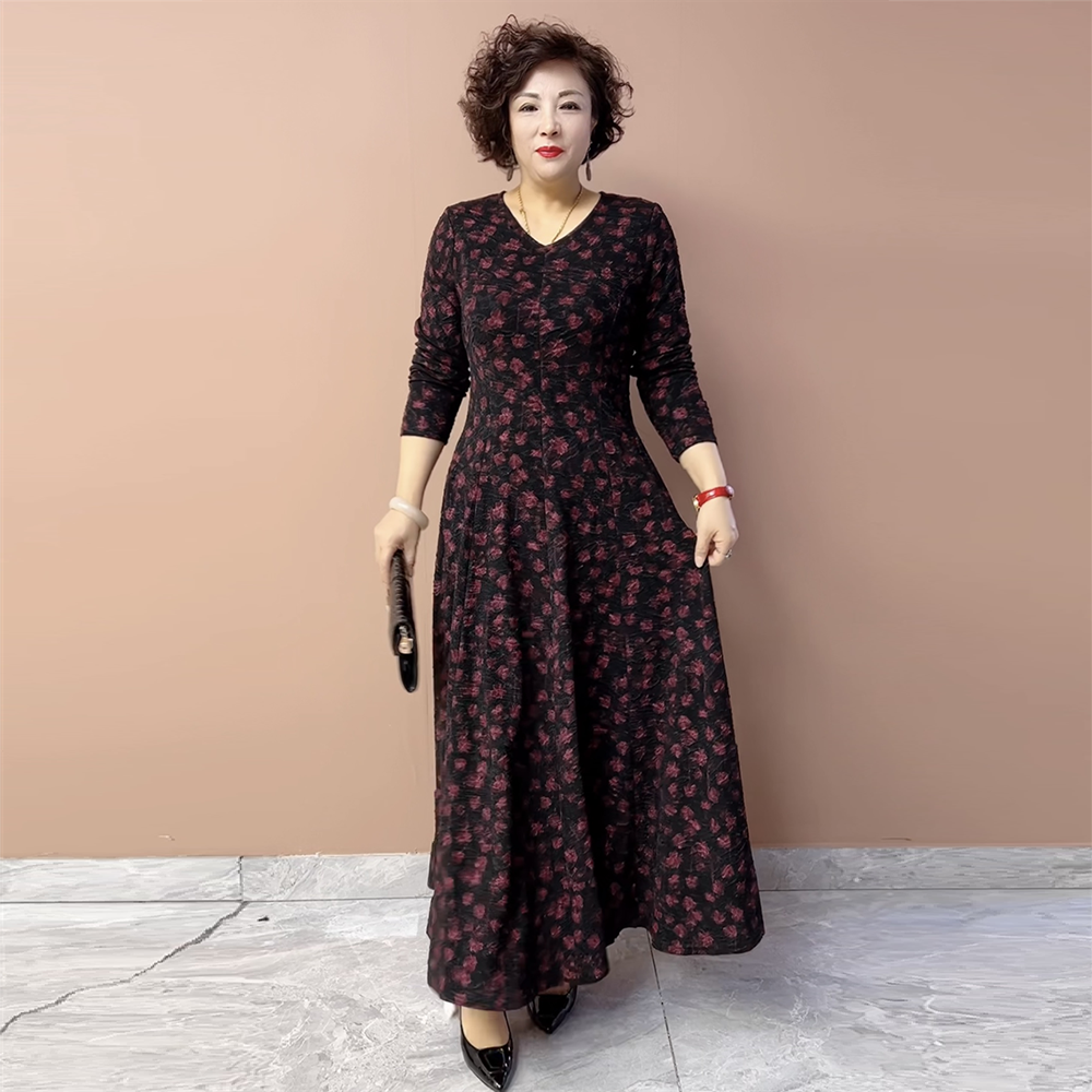 贵夫人高档春秋长袖提花连衣裙妈妈时尚气质显瘦弹力过膝大摆长裙