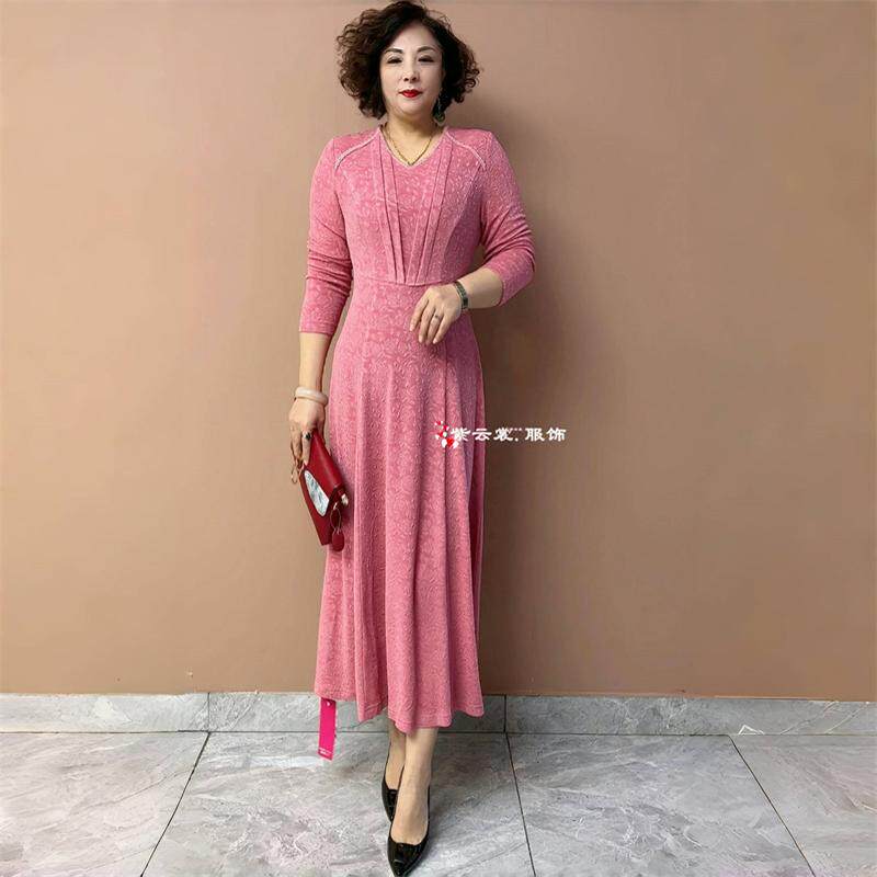 春秋高端气质年轻妈妈新装长袖醋酸弹力收腰显瘦过膝长款连衣裙女