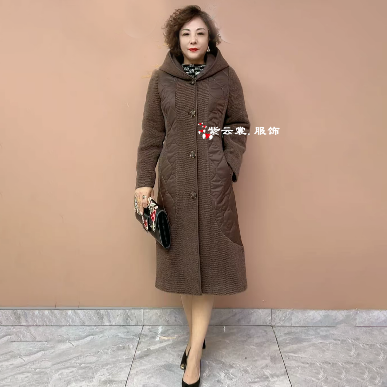 冬季新款加厚保暖中长款连帽棉服女拼接夹棉大衣中年妈妈洋气外套