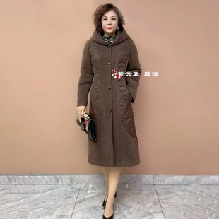 冬季新款加厚保暖中长款连帽棉服女拼接夹棉大衣中年妈妈洋气外套