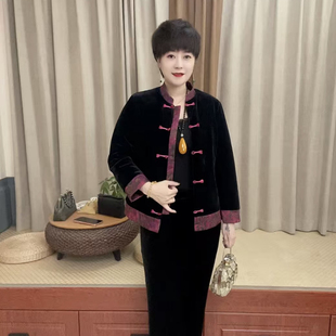 冬季妈妈装丝绒复古短款盘扣棉服中老年加厚保暖唐装棉衣大码外套