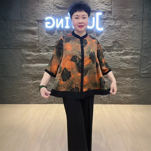 夏七分袖真丝衬衫中老年妈妈时尚洋气宽松遮肉200斤大码防晒外套
