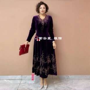 贵夫人绣花丝绒连衣裙阔太太礼服裙时尚洋气遮肚显瘦妈妈装长裙女