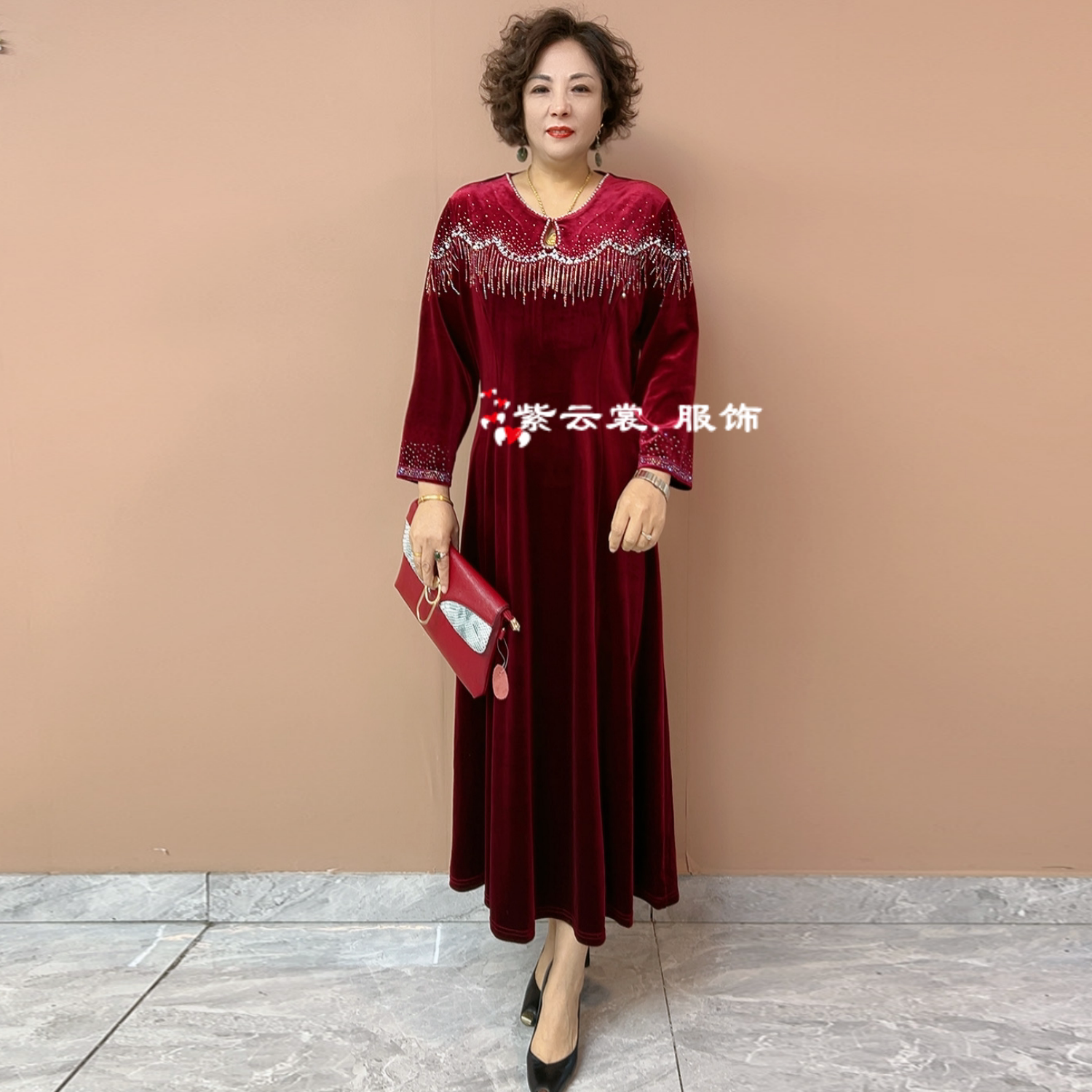 喜婆婆婚宴中年妈妈婚礼旗袍结婚喜服平时可穿长款大码流苏连衣裙