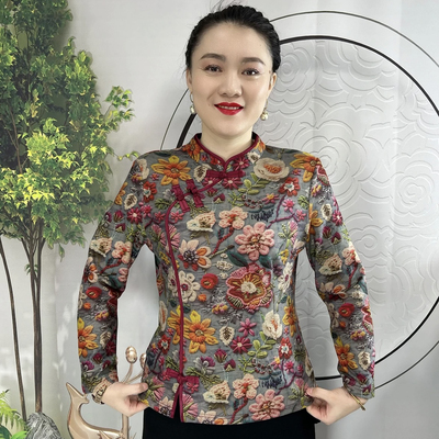 冬季加绒加厚保暖立领中老年洋气妈妈装大码弹力时尚上衣小花衫女