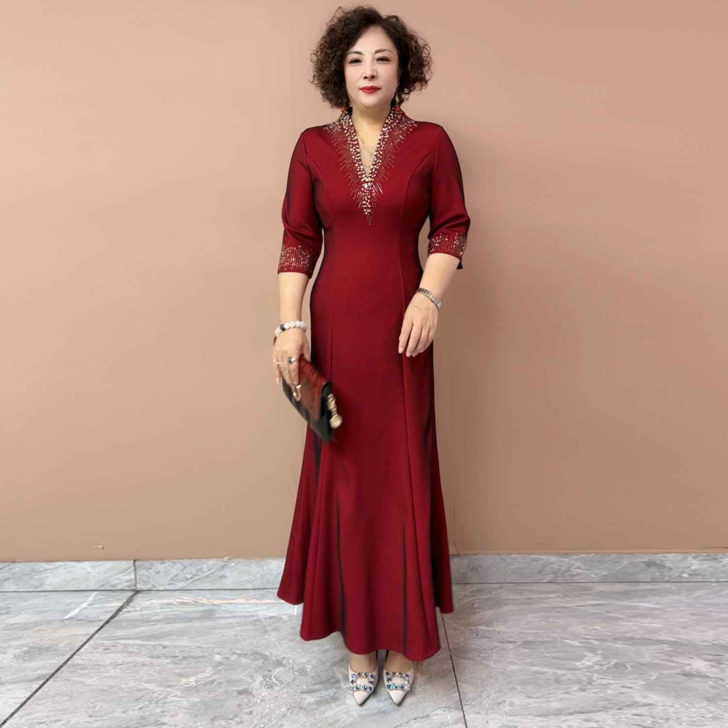 喜妈妈婚宴礼服高级感七分袖喜婆婆旗袍连衣裙时尚敬酒服鱼尾长裙