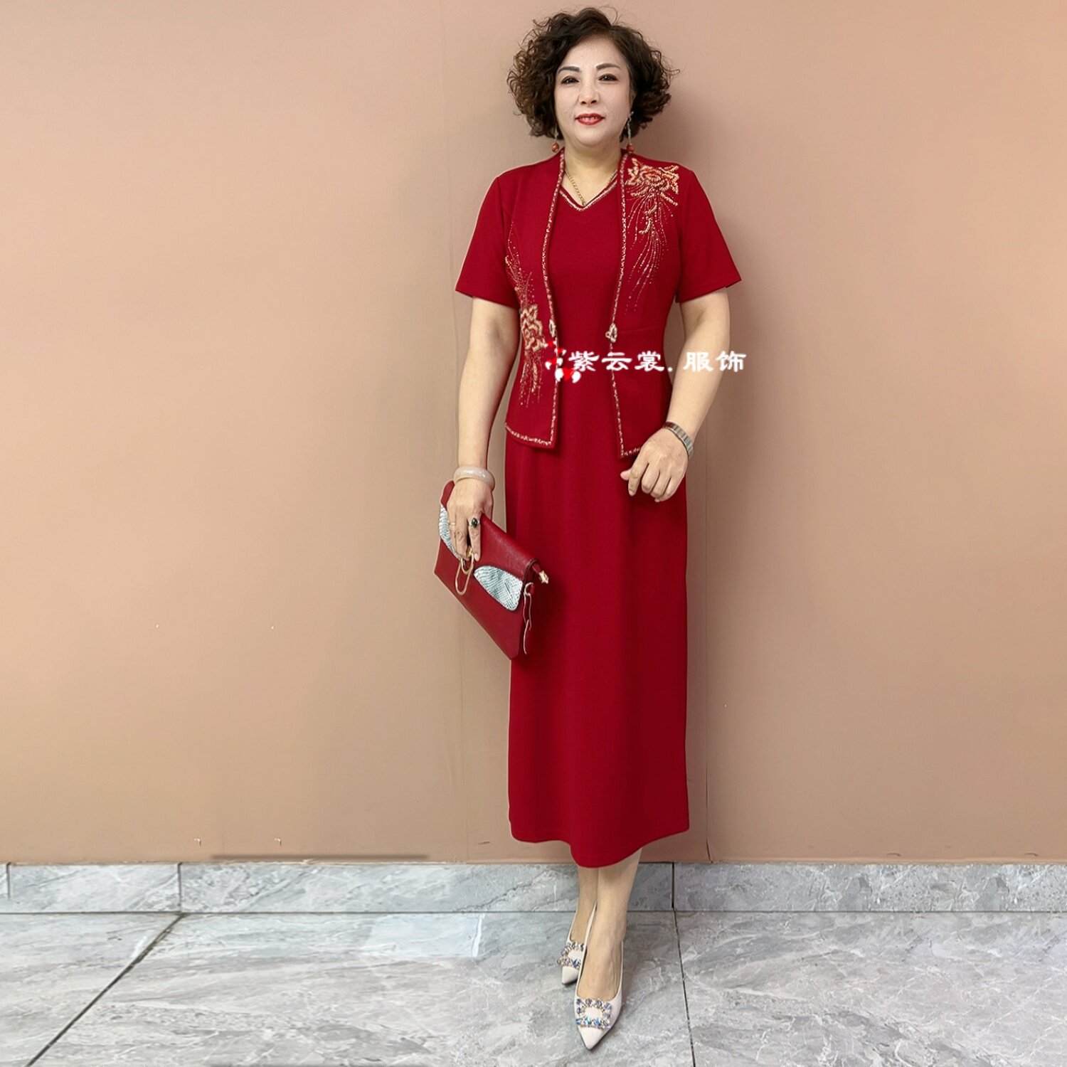 高端夏季短袖年轻洋气喜妈妈喜服两件套喜婆婆婚宴礼服长款连衣裙