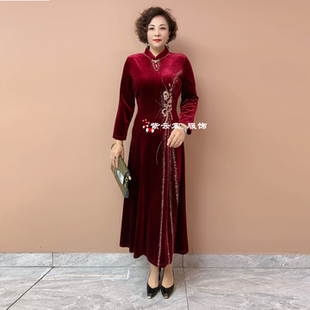 喜妈妈装 金丝绒立领高贵旗袍长裙 结婚礼服轻奢高级感喜婆婆婚宴装