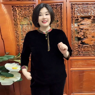 春秋新款金丝绒妈妈装大码宽松遮肉立领飘带烫钻旗袍衫上衣恤