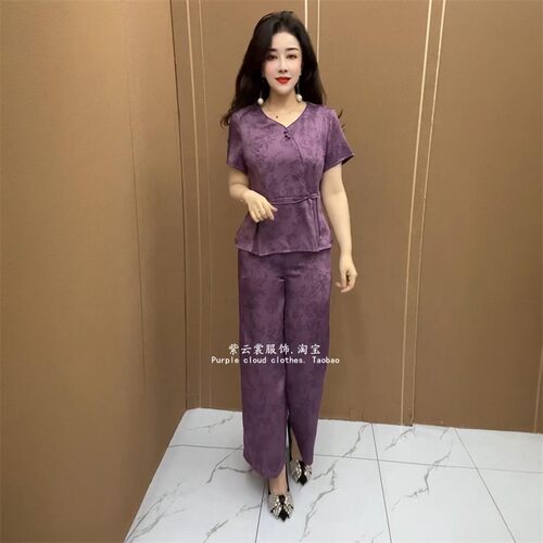高端中老年妈妈夏季短袖真丝缎提花桑蚕丝衬衫阔腿裤大码两件套装