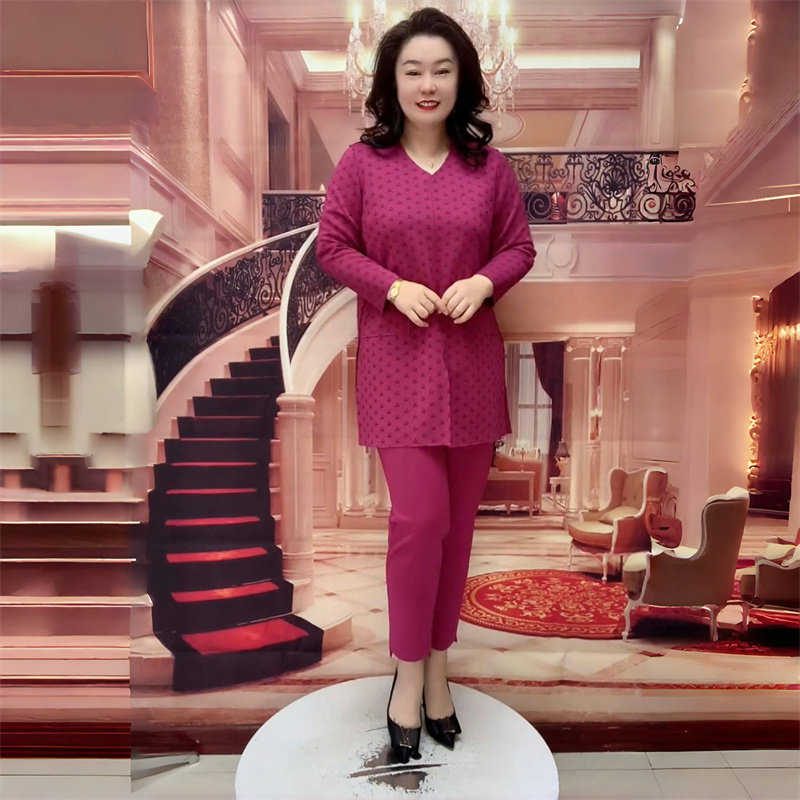 时尚阔太太高端春秋空气棉妈妈宽松中长款大版衫弹力小脚裤两件套