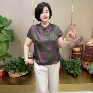 高端夏季醋酸短袖洋气复古旗袍衫上衣中老年妈妈装宽松大码小衫女