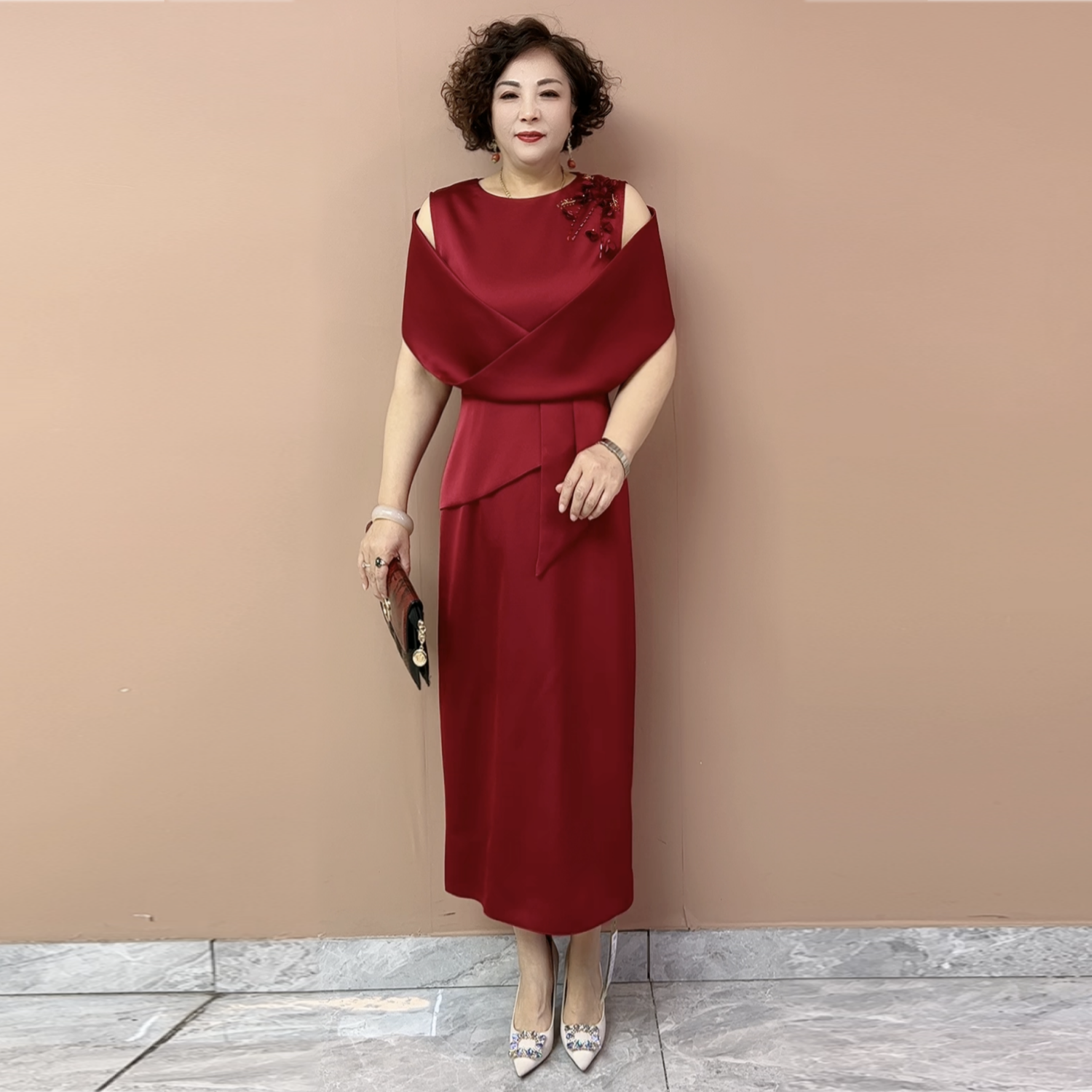 喜妈妈装婚宴礼服高级感夏季短袖醋酸喜婆婆旗袍连衣裙时尚敬酒服