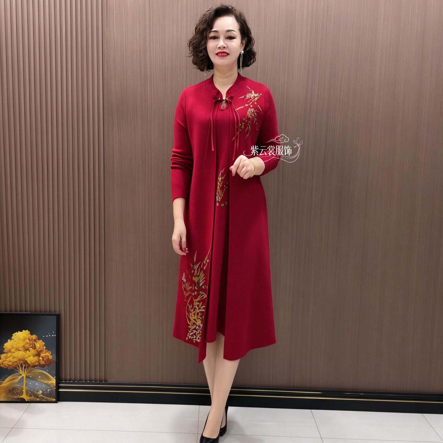 高贵喜婆婆刺绣假两件秋冬长款连衣裙结婚宴礼服妈妈针织毛衣长裙