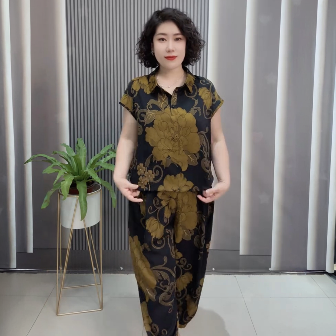 夏季新款冰麻洋气宽松中老年妈妈翻领短袖上衣哈伦裤时尚两件套装