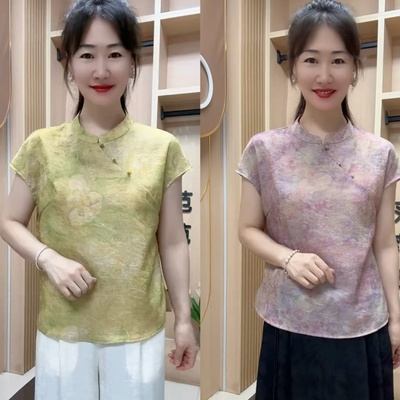 中老年妈妈夏装短袖真丝素雅轻薄上衣短款旗袍衫宽松遮肉洋气小衫