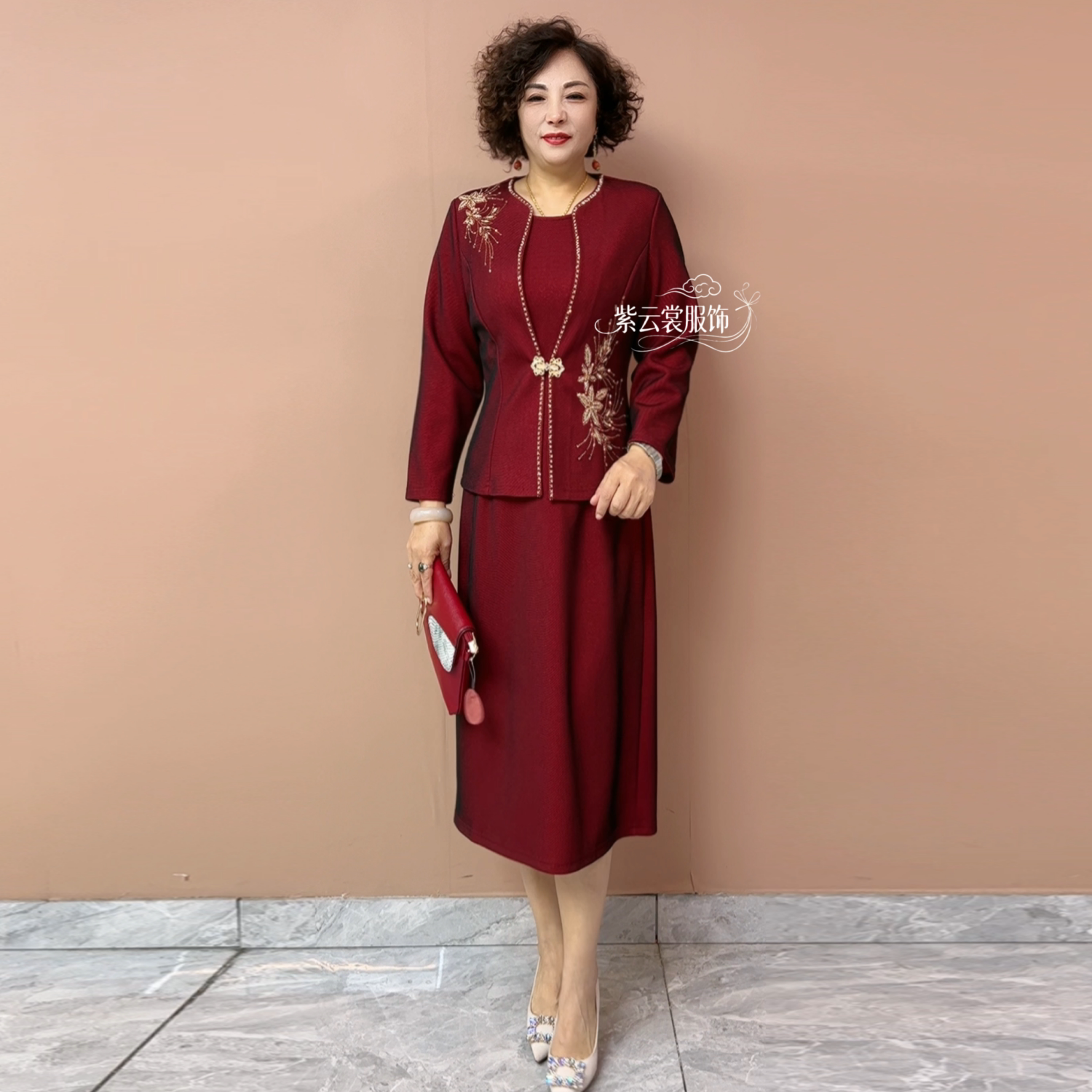 婚宴妈妈礼服两件套酒红色端庄大气结婚喜婆婆结婚礼服显瘦连衣裙