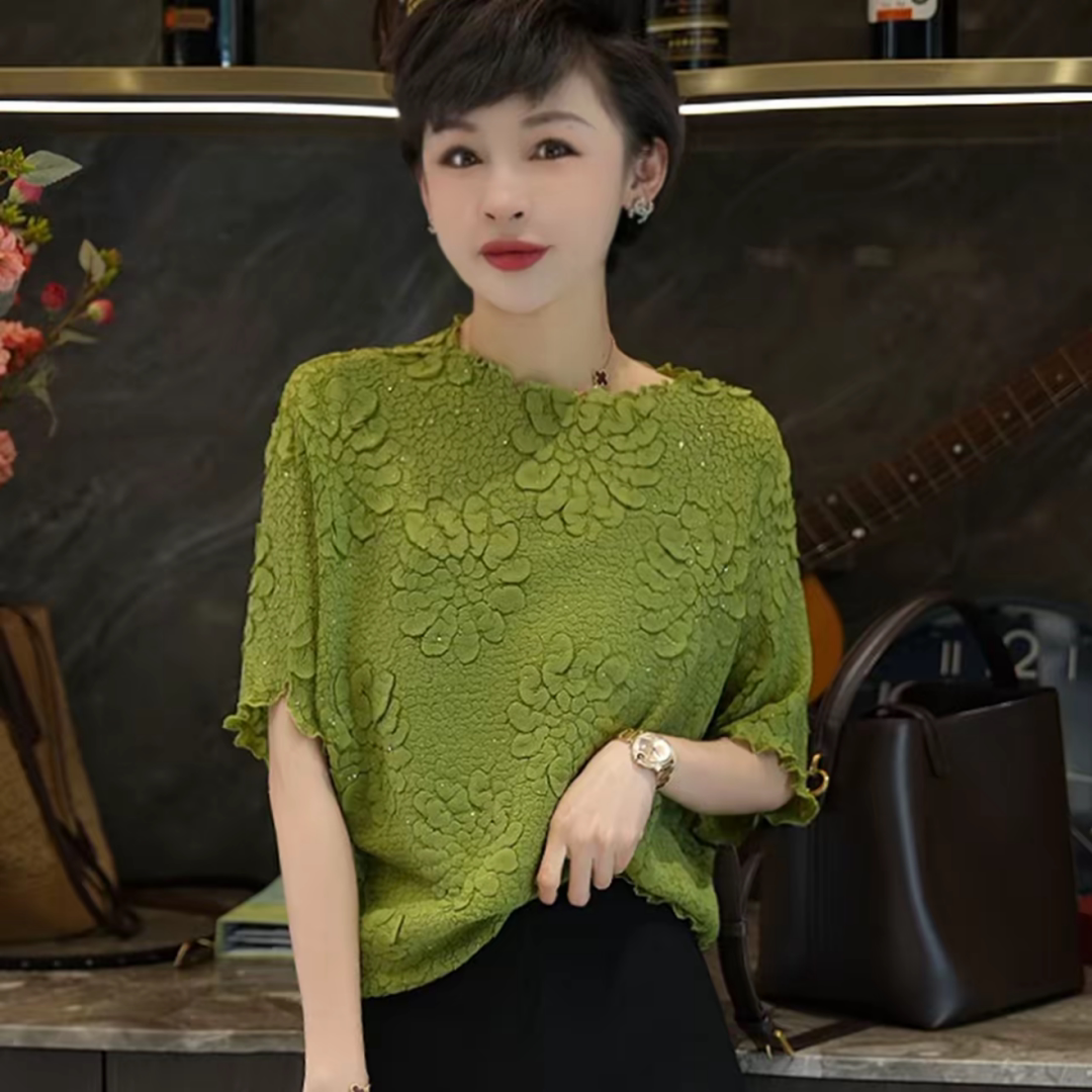 夏季短袖时尚浮雕立体花T恤褶皱小衫女宽松洋气百褶高弹大码上衣