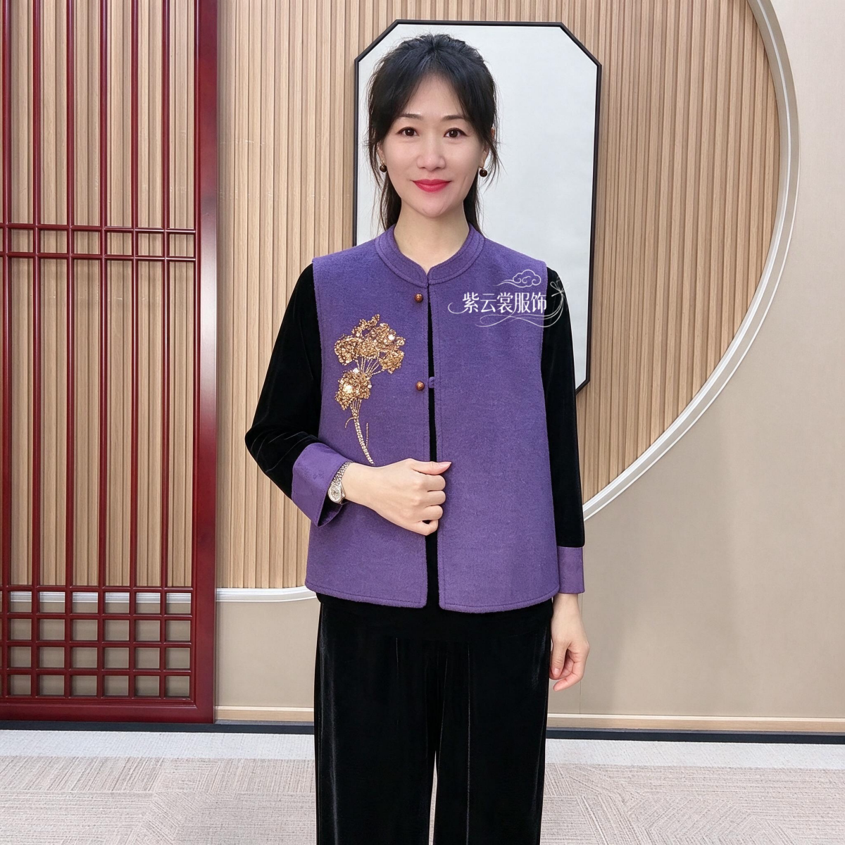 高端秋冬中年妈妈绣花国风毛呢马夹宽松显瘦马甲坎肩洋气大码套装