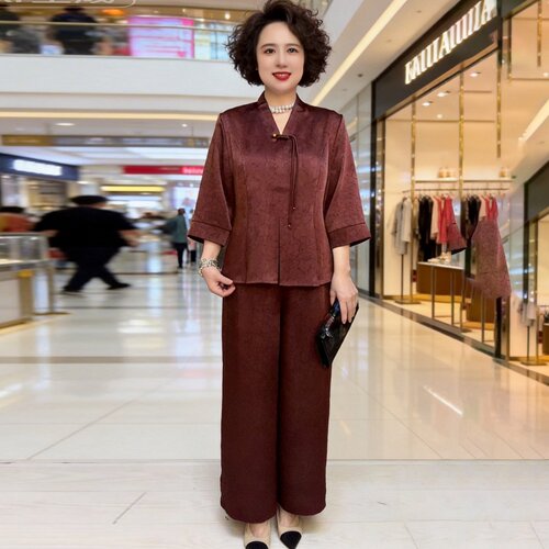 洋气妈妈醋酸提花缎两件套春夏国风旗袍小衫上衣阔腿裤气质套装女