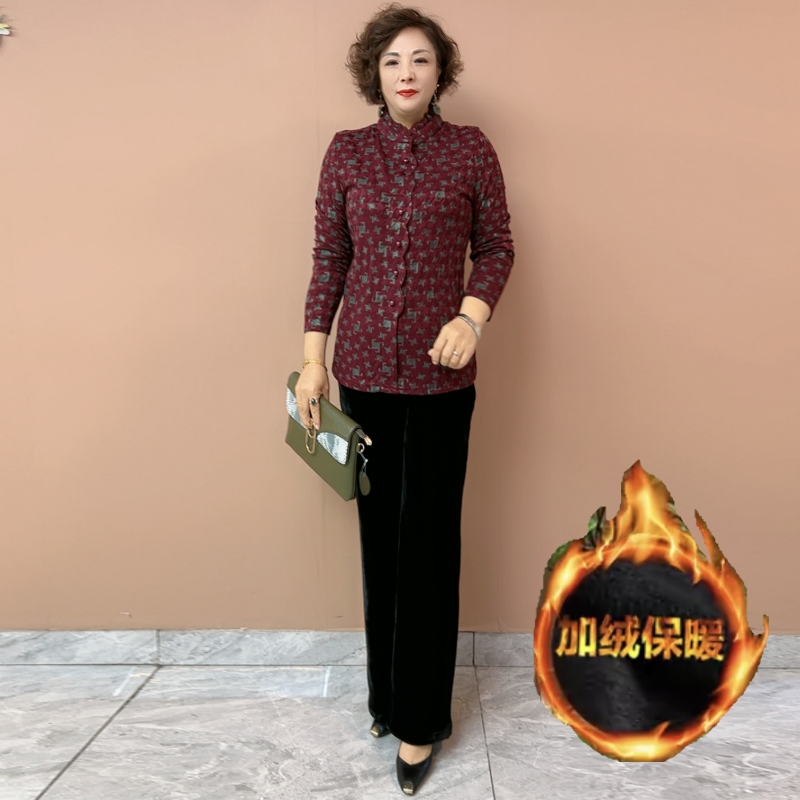 秋冬新款洋气加绒加厚长袖打底小衫女中年妈妈装气质薄绒保暖上衣