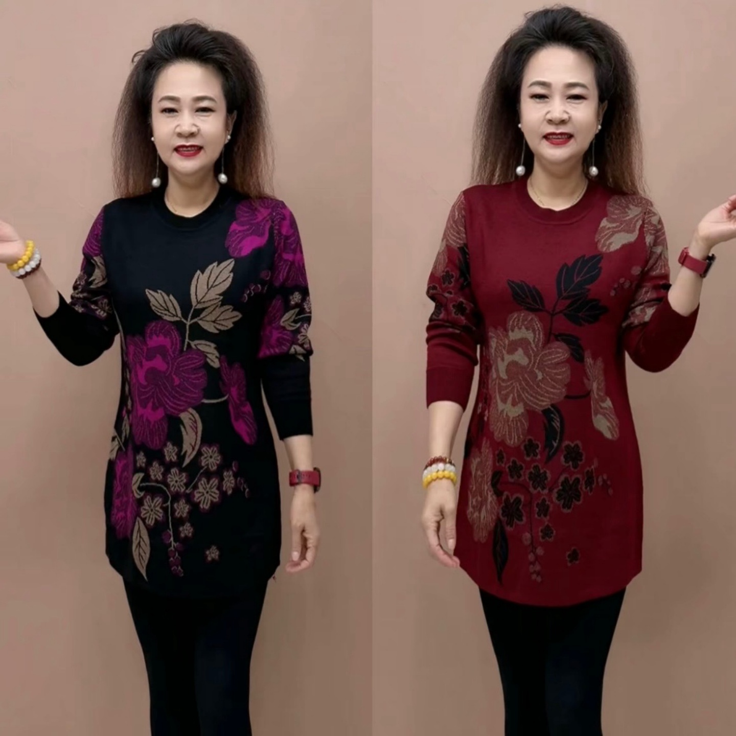 秋冬新款高端中年妈妈洋气针织大版衫宽松遮肚子中长款打底毛衣裙