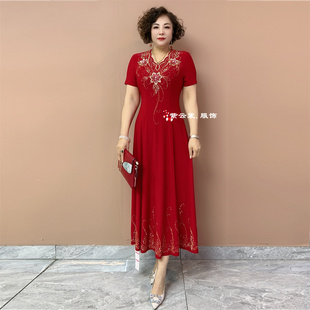 喜婆婆妈妈装气质连衣裙夏季短袖高端烫钻收腰显瘦弹力南韩丝长裙
