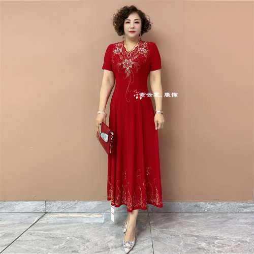 喜婆婆妈妈装气质连衣裙夏季短袖高端烫钻收腰显瘦弹力南韩丝长裙