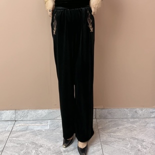 丝绒阔腿裤女窄版垂感高腰春秋新款黑色裤子休闲妈妈装洋气直筒裤