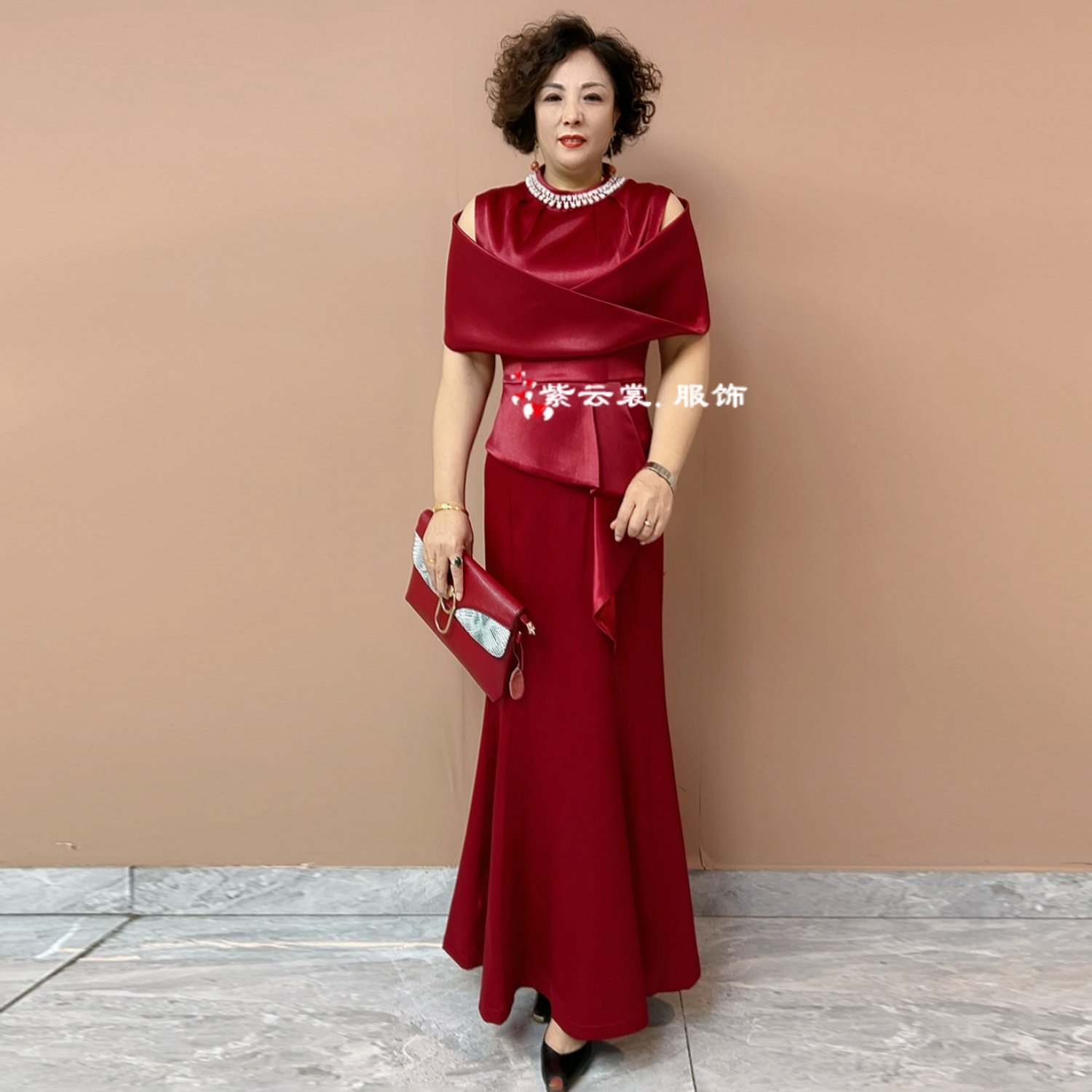 时尚洋气喜妈妈旗袍喜婆婆婚礼礼服丈母娘婚宴装鱼尾晚礼服连衣裙