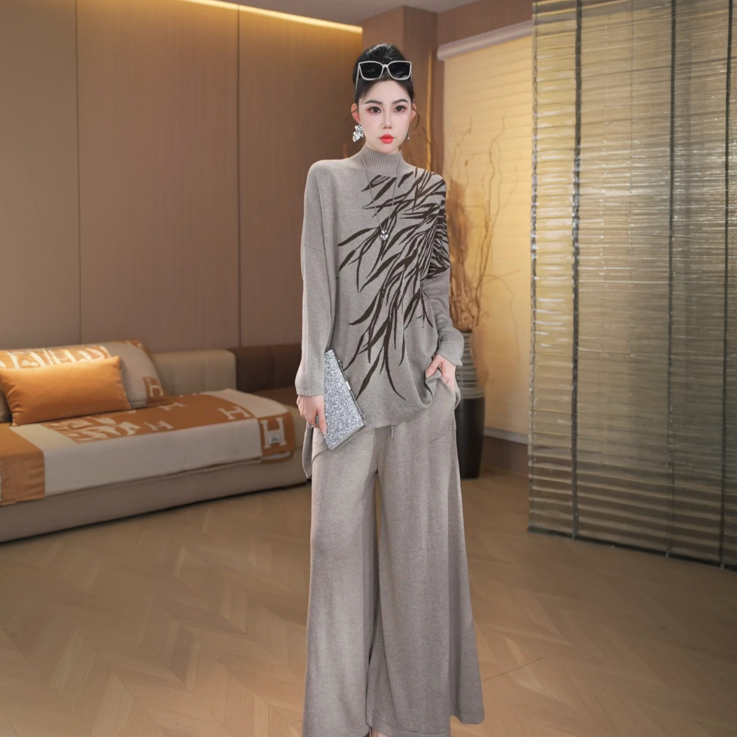 长袖高领羊毛针织大版衫不规则上衣宽松大码时尚气质毛衣两件套装