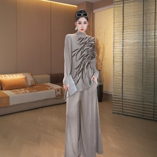 长袖高领羊毛针织大版衫不规则上衣宽松大码时尚气质毛衣两件套装