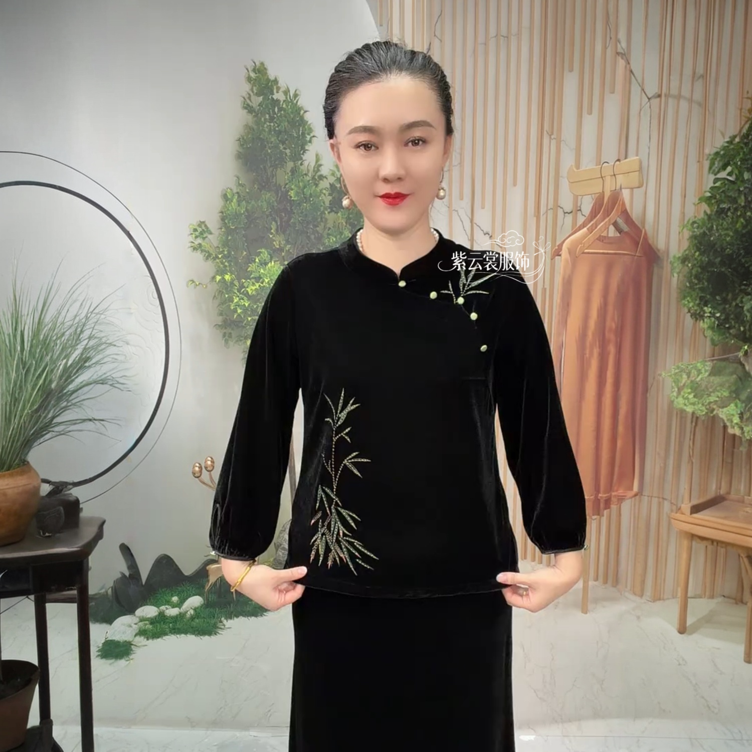 高端秋冬国风改良旗袍衫上衣丝绒宽松遮肉大码中老年妈妈长袖小衫