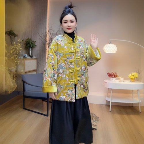 阔太太轻奢亮片绣花丝绒外套冬季妈妈装百搭加厚保暖棉服唐装上衣