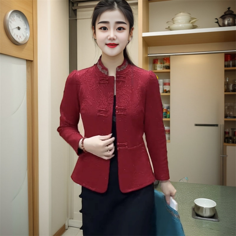 冬季新款中老年妈妈提花加绒保暖上衣本命年红色改良旗袍开衫外套