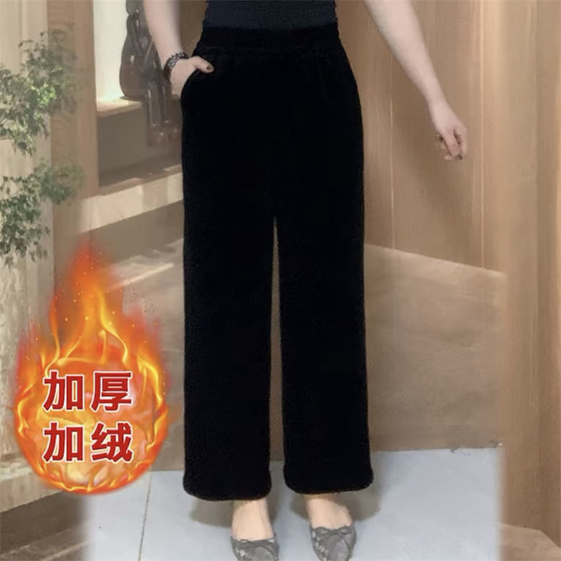 冬季加绒保暖中老年妈妈宽松大码松紧腰阔腿直筒黑色丝绒休闲长裤