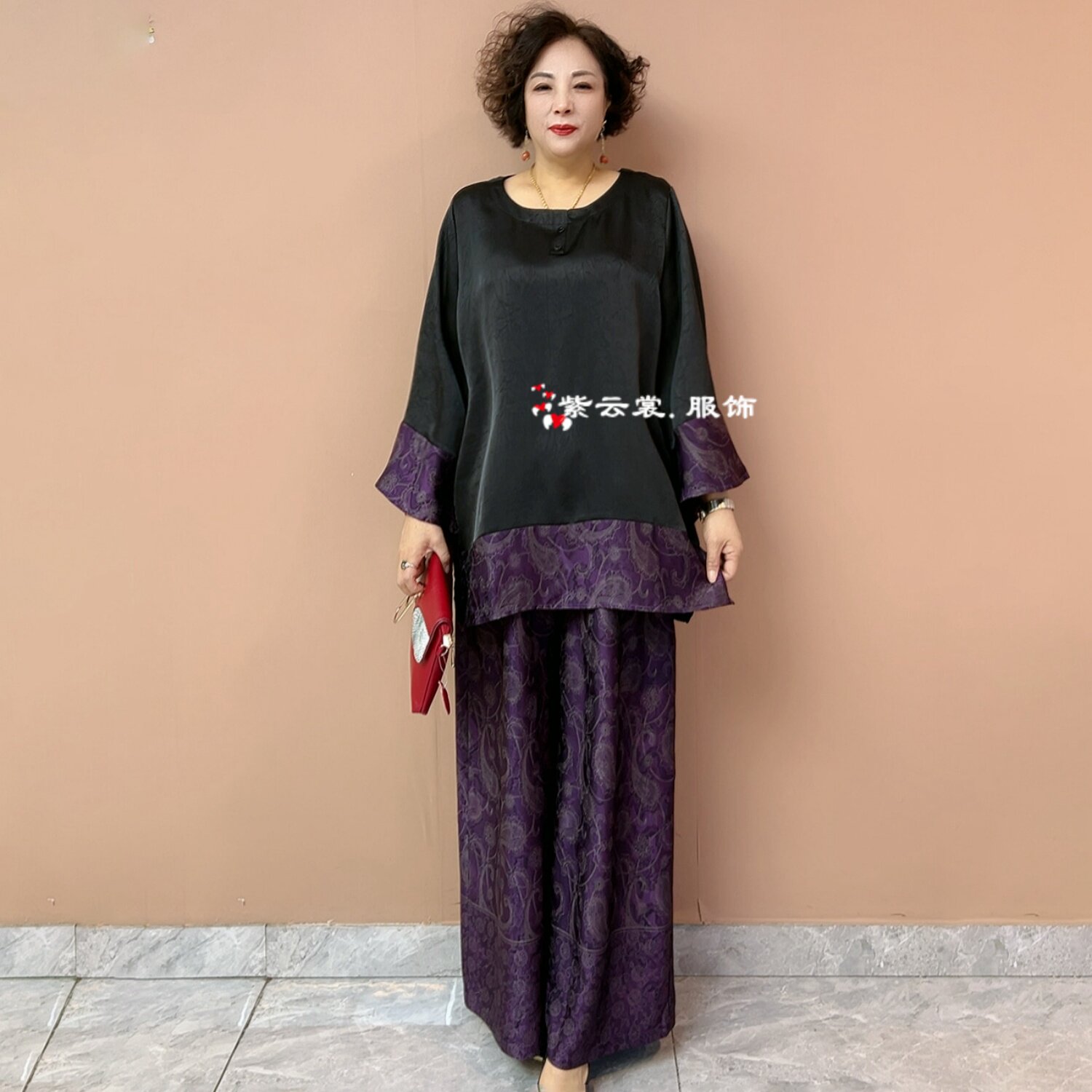 欧货夏季新款中老年妈妈时尚宽松遮肉大码阔腿裤气质拼色两件套装