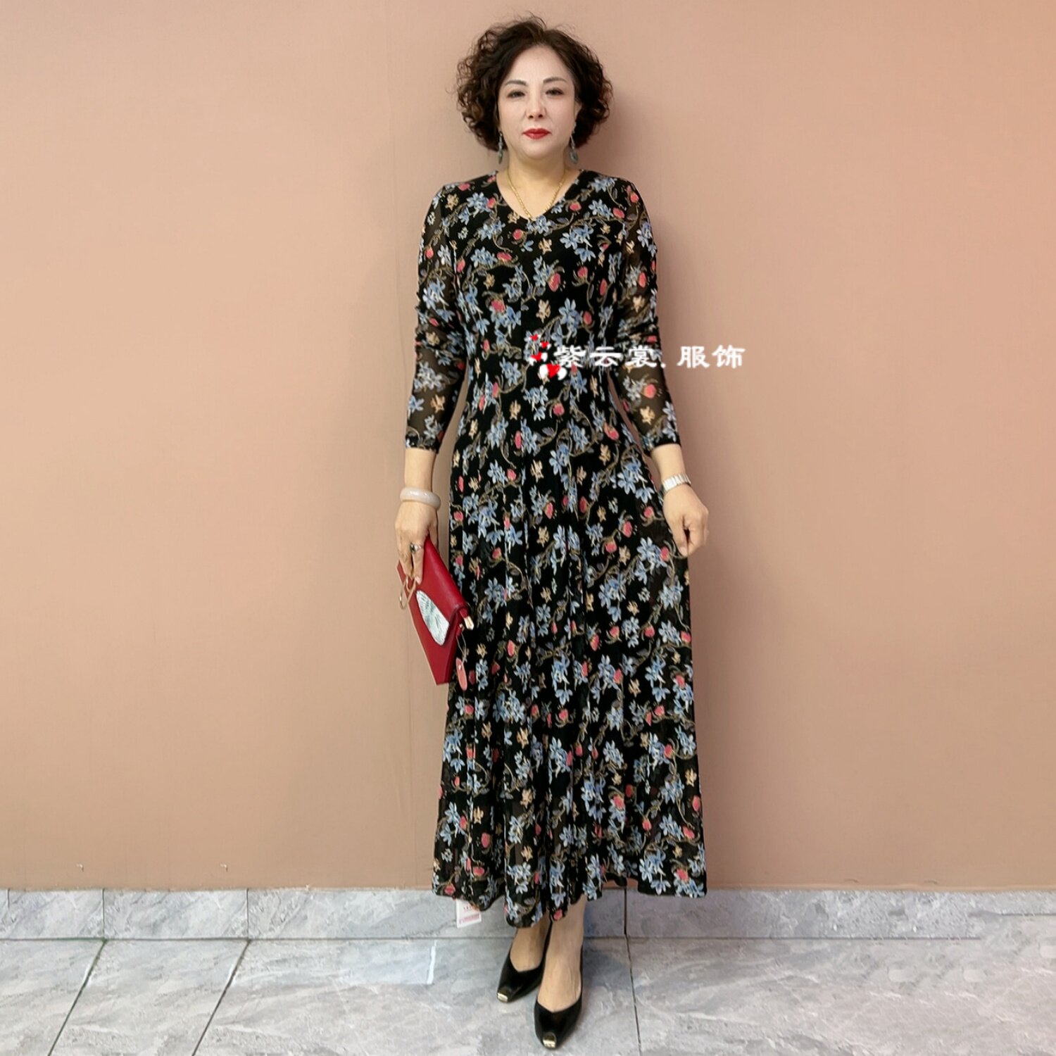 高端中年妈妈装春夏季长袖连衣裙时尚气质显瘦台湾纱弹力大摆长裙