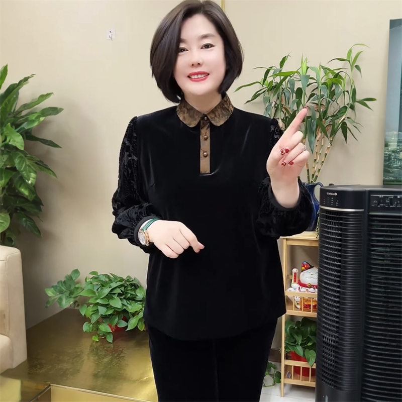 春秋高端金丝绒中老年妈妈大码宽松遮肉洋气拼色翻领旗袍小衫上衣