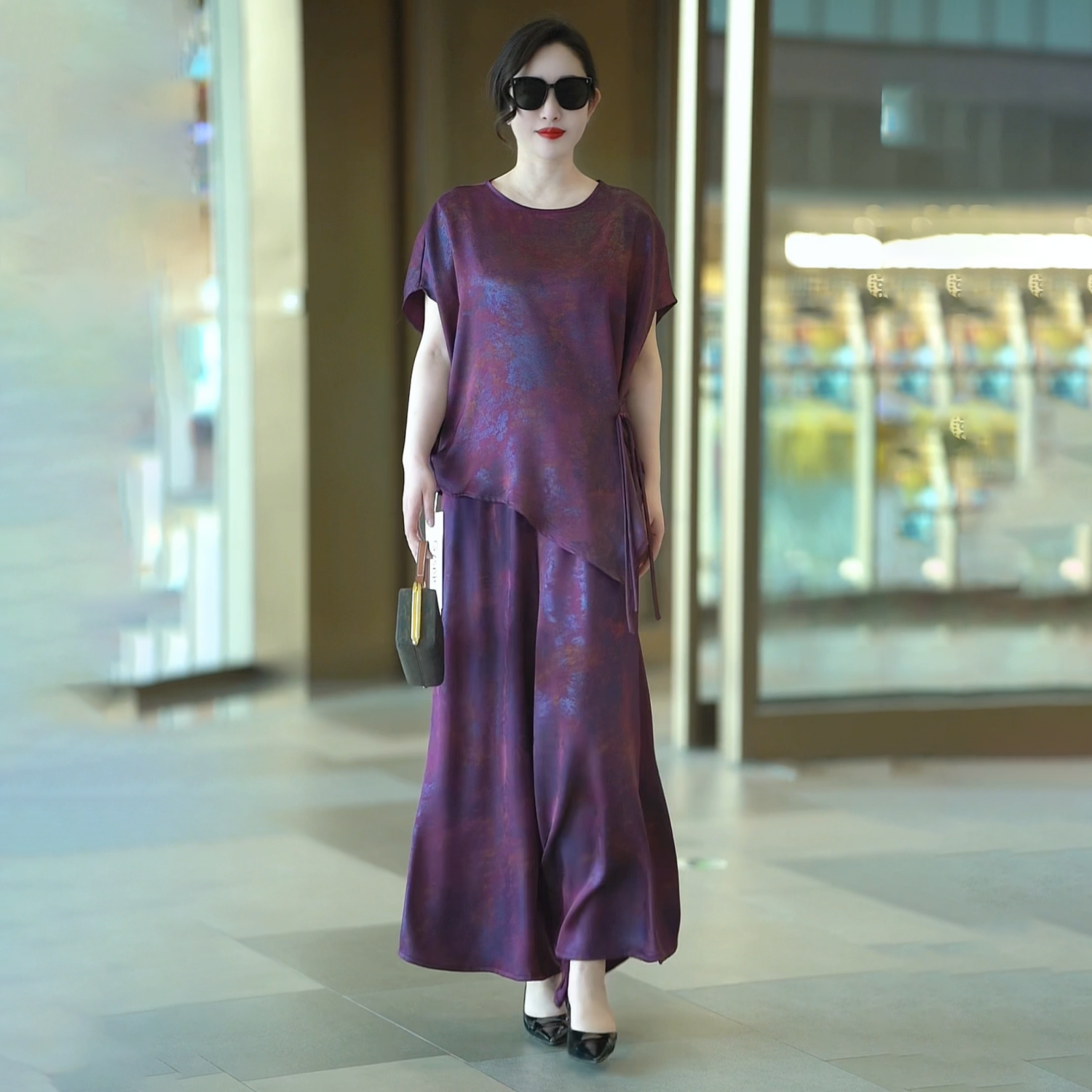 高级感夏季时尚气质大码宽松妈妈装遮肉不规则上衣阔腿裤两件套装