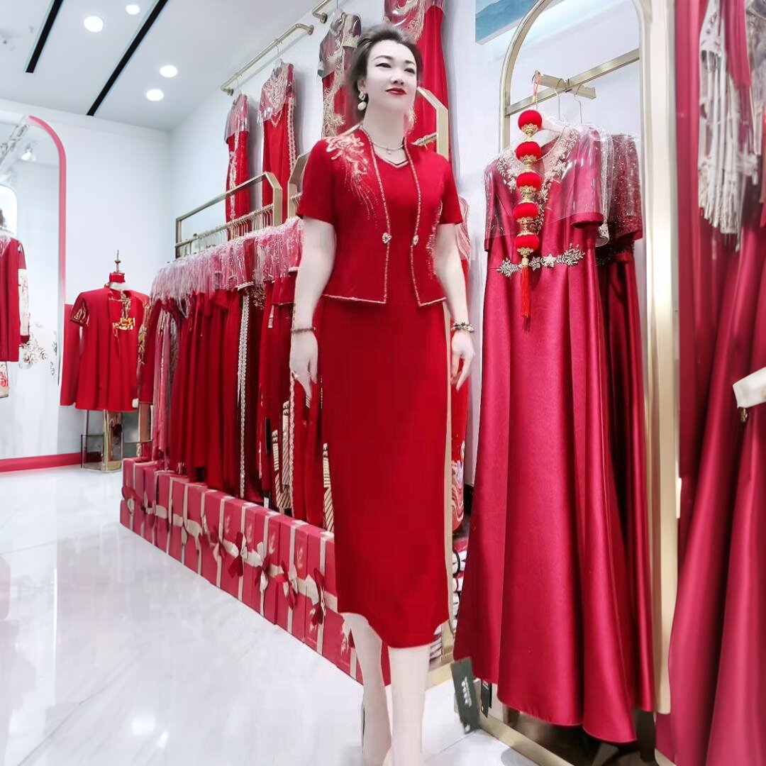 高端夏季短袖年轻洋气显瘦喜妈妈喜服两件套喜婆婆婚宴礼服连衣裙