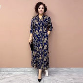 妈妈装 秋冬长袖 气质高档V领金貂绒遮肉连衣裙弹力大码 不断腰长裙