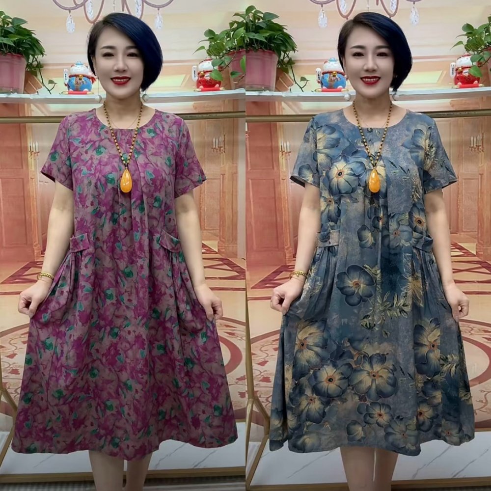 中老年夏装棉麻中长款过膝加肥大码宽松休闲胖妈妈碎花洋气连衣裙