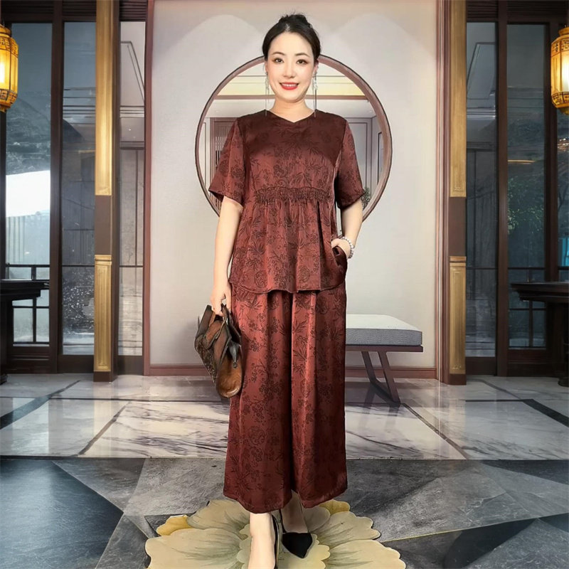 阔太太高端真丝提花加肥大码夏款宽松遮肚子中老年妈妈两件套装女