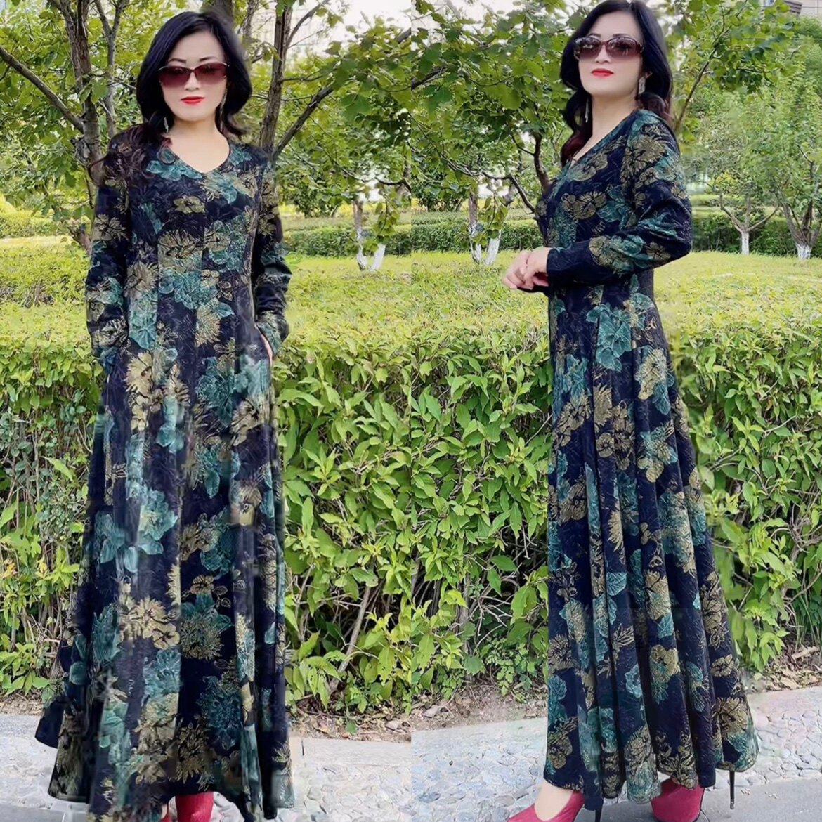 妈妈装烫金长款连衣裙大摆裙