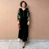 金丝绒拼接高端连衣裙秋冬妈妈装 阔太太气质长款 遮肉显瘦打底长裙
