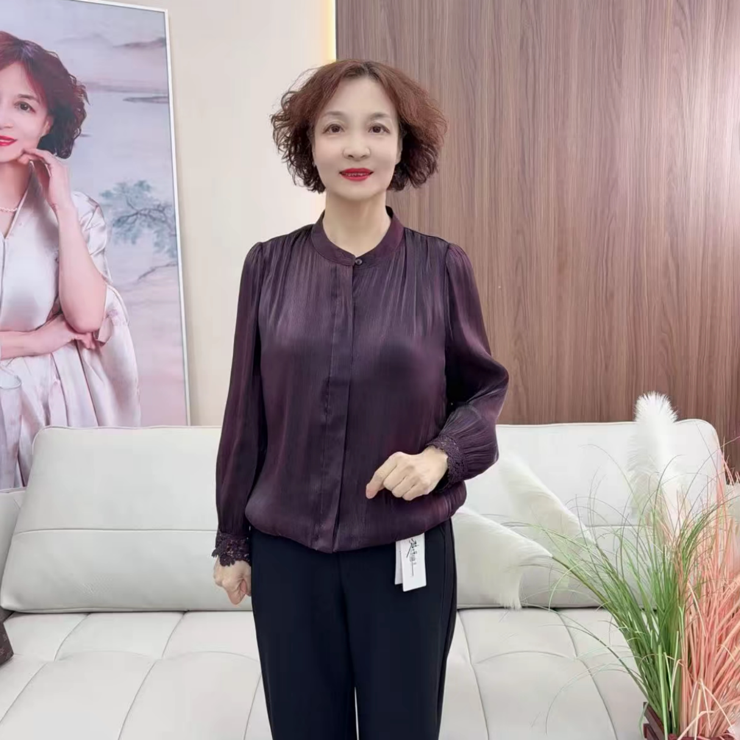 春夏高档醋酸缎面拼接蕾丝垂感衬衫百搭开衫上衣妈妈装时尚小衫女