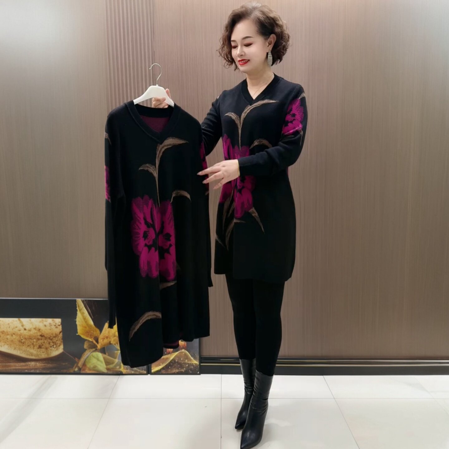 秋冬时尚洋气妈妈装针织印花大版衫宽松遮肉弹力中长款毛衣打底裙