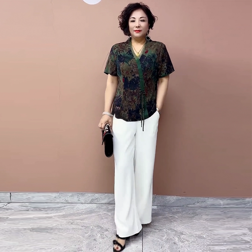 夏季短袖新款桑蚕丝短款旗袍衫上衣百搭气质中年妈妈真丝两件套装