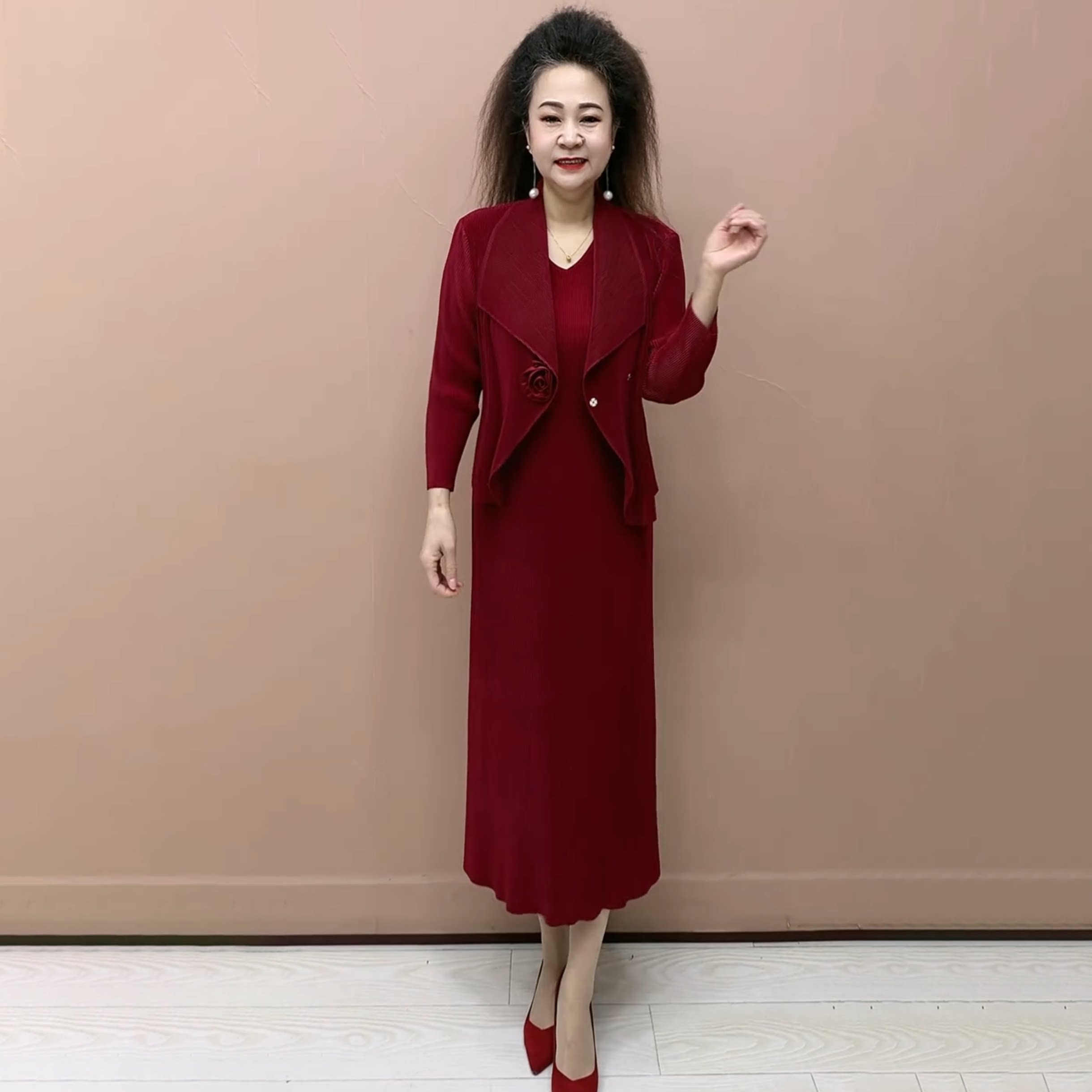 纯色褶皱连衣裙套装夏季时尚长袖西装外搭气质大码显瘦遮肉两件套